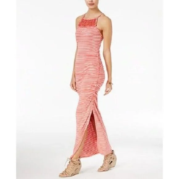 Jessica Simpson Coral/White Striped Tessanne Crochet-Trim Maxi Dress Size Large - Picture 1 of 9